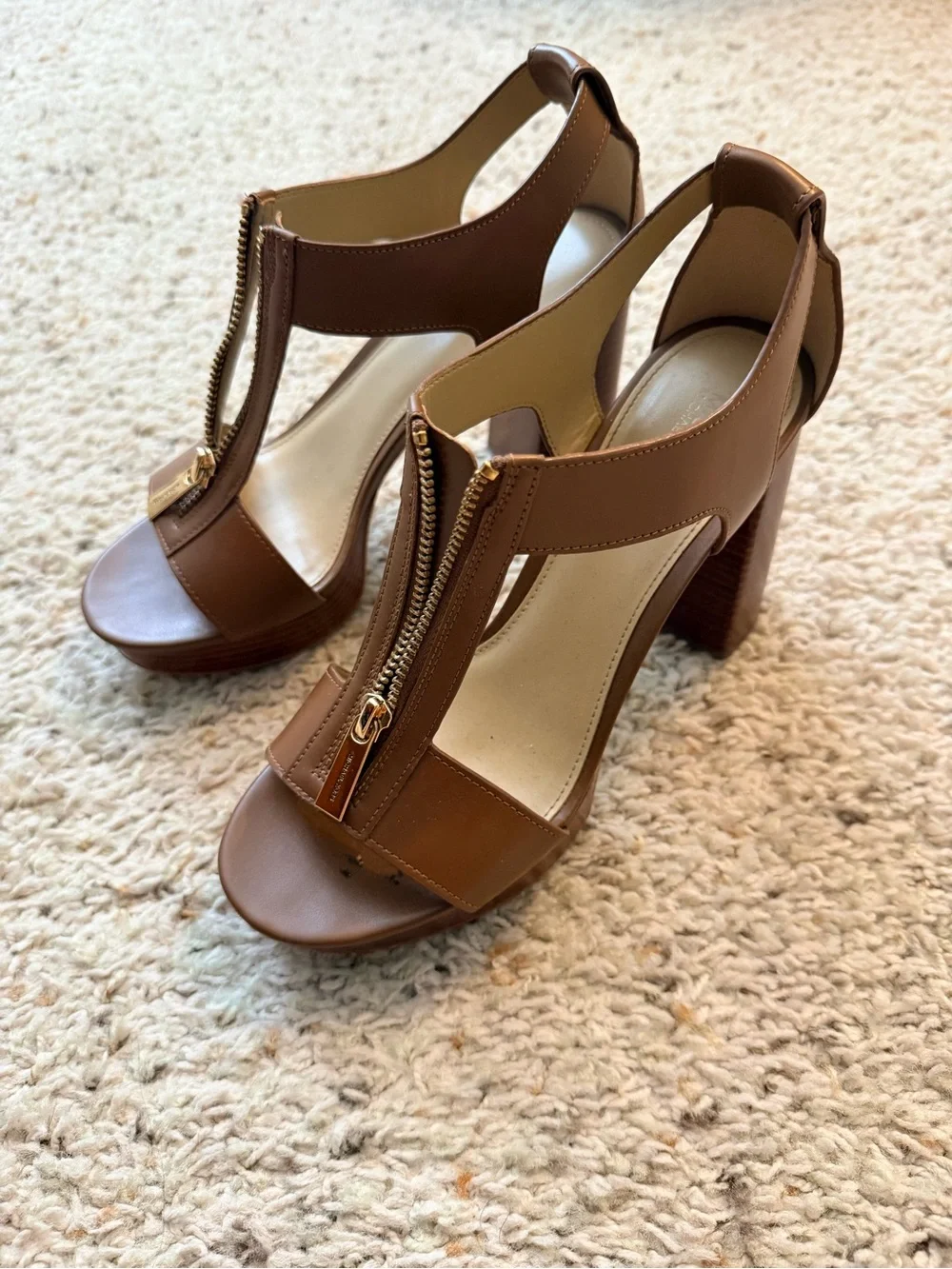 Michael Kors Brown T-Strap Block Heel Sandals with Gold Zipper